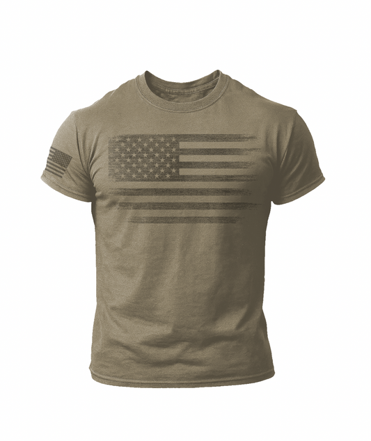 Tactical Distressed American Flag T-Shirt – Military Green USA Patriotic Tee