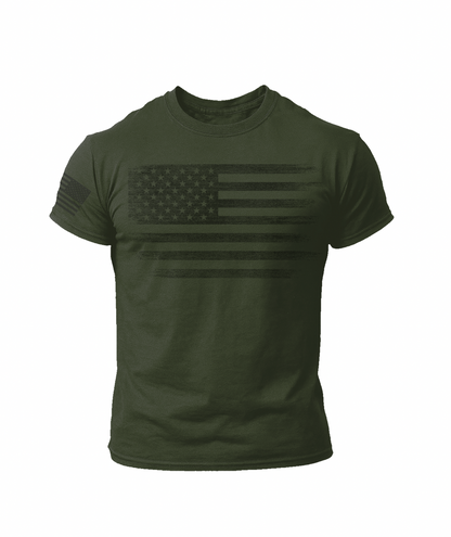 Tactical Distressed American Flag T-Shirt – Military Green USA Patriotic Tee