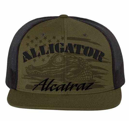 Alligator Alcatraz Trucker Hat – Olive Green Mesh Snapback